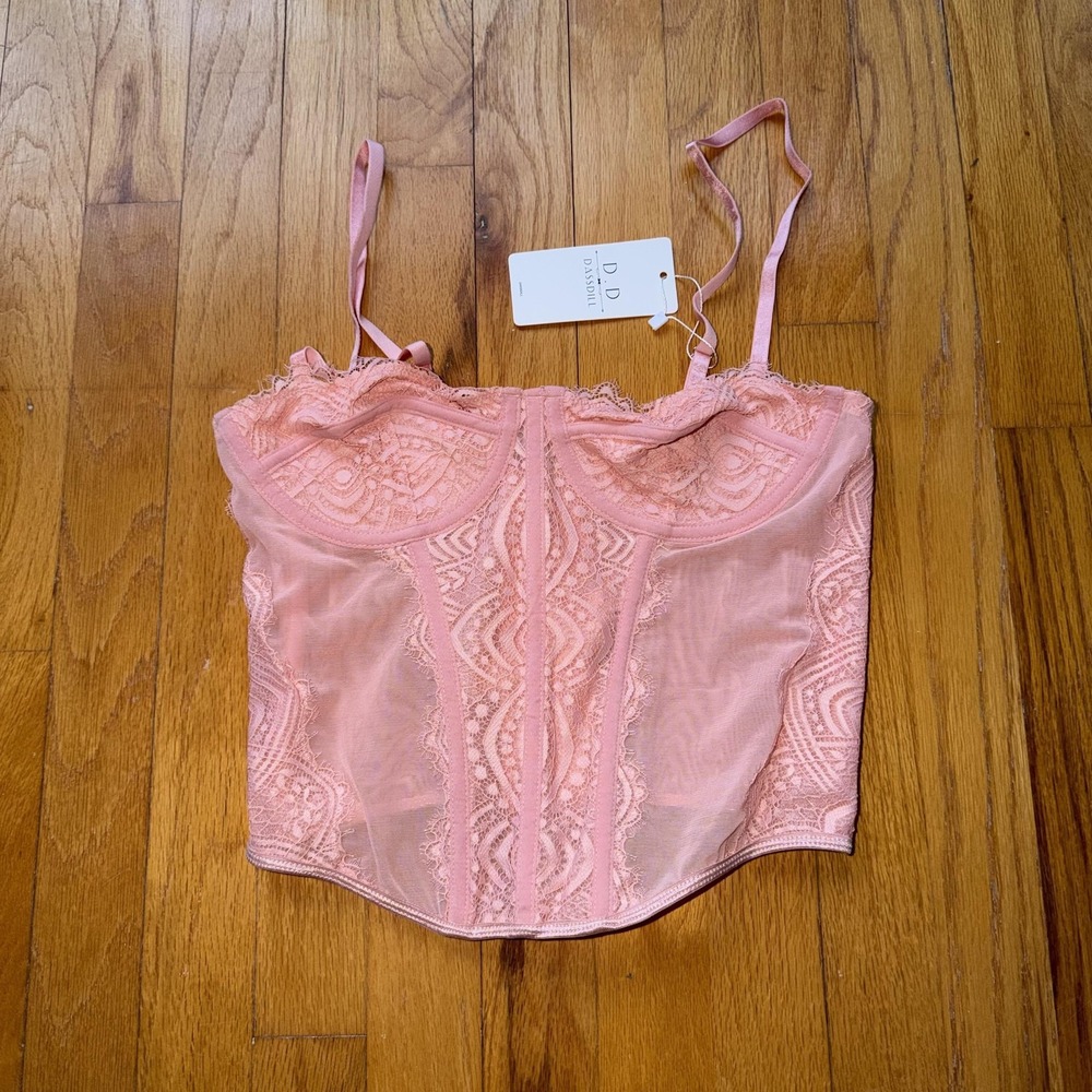 New Bustier Corset‎ Top M Pink Lace Mesh Longline Underwire Sexy Lingerie Femme